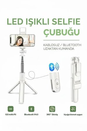 Hediye Led Işıklı Selfie Çubuğu Bluetooth Kumandalı Kablosuz Tripot Selfie Monopod Selfie Stick (beyaz)