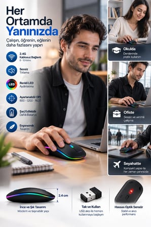 Hediye Ofis Ev Okul Kullanımına Uygun Şarjlı Kablosuz Mouse