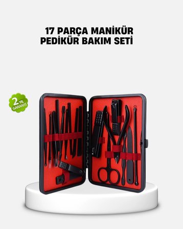 Hediye 17 Parça Profesyonel Manikür Pedikür Seti Paslanmaz Çelik Siyah Kutu