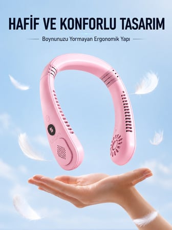 Hediye Pembe Boyun Tipi Fan Usb Şarjlı Hafif Tasarım Güçlü Hava Üflemeli Serinletici