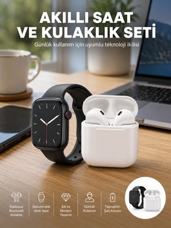 Hediye Akıllı Saat Gümüş Kasa Bluetooth Kulaklık Hediyeli Çok Fonksiyonlu İkili Set