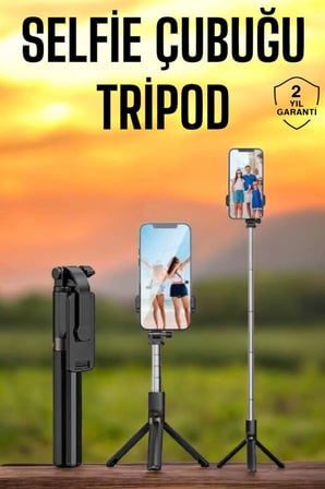 Hediye Selfie Çubuğu Tripod Kumandalı Telefon Tutucu Siyah