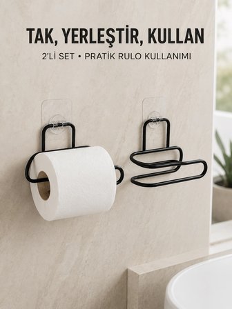Hediye 2’li Duvara Yapışkanlı Tuvalet Kağıtlığı Siyah Metal Pratik Rulo Tutucu