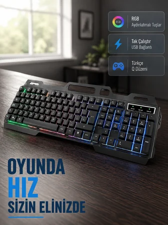 Hediye Profesyonel  Klavye Mouse Seti – Rgb Işıklı, Türkçe Q, Dpı Ayarlı, Dayanıklı Gövde