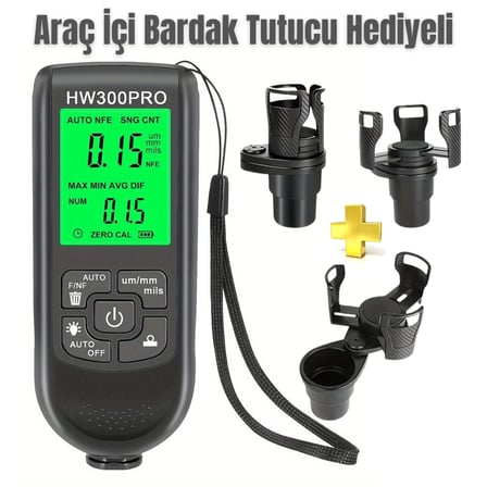 Hediye Hw-300pro Oto Boya Kalınlık Ölçer Fe Nfe 2000µm + 2 Fonksiyonlu Bardak Tutucu Hediyeli