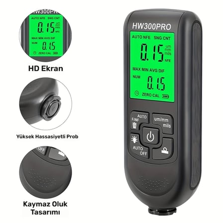 Hediye Hw-300pro Oto Boya Kalınlık Ölçer Fe Nfe 2000µm + 2 Fonksiyonlu Bardak Tutucu Hediyeli