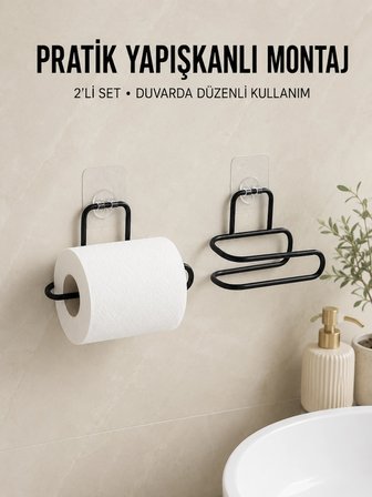 Hediye 2 Adet Yapışkanlı Wc Kağıtlık Siyah Metal Pratik Duvar Tipi Rulo Tutucu