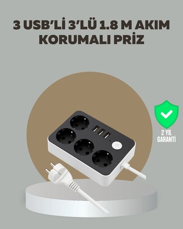 Hediye 4 Prizli 3 Usb Portlu Anahtarlı Akım Korumalı Priz