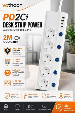 Hediye 5’li Akım Korumalı Çoklu Priz 2 Metre Kablolu 3680w 16a 5 Anahtarlı 2usb-a 2 Usb-c Pd 20w Hızlı Ftr-28