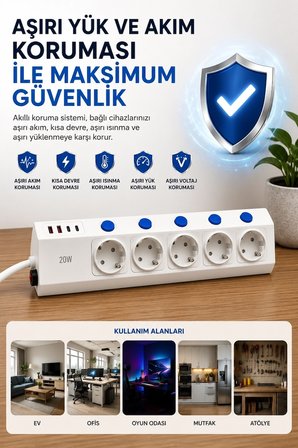 Hediye 5’li Akım Korumalı Çoklu Priz 2 Metre Kablolu 3680w 16a 5 Anahtarlı 2usb-a 2 Usb-c Pd 20w Hızlı Ftr-28