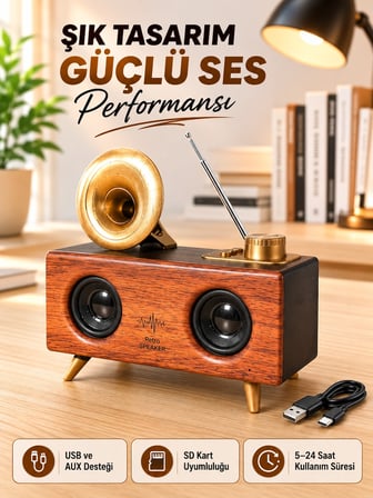 Hediye Retro Gramofon Tasarımlı Bluetooth Hoparlör – 3d Stereo Ses, 1800 Mah Batarya