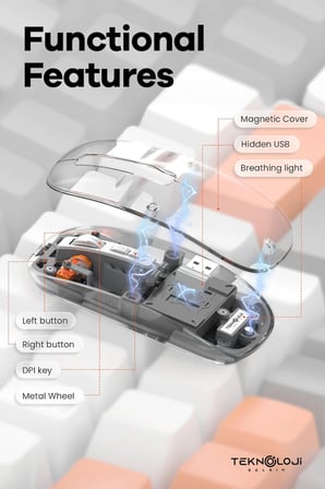 Hediye Bluetooth Usb Çift Modlu Sessiz Mouse, Şeffaf Mıknatıslı Kapaklı, Type-c Şarjlı, Dpı Ayarlı, Kablosuz 10m Çekim Mesafeli, Masaüstü Kısayol Tuşlu, Taşınabilir Şarjlı Mouse Beyaz