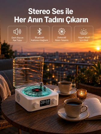Hediye 3-1 Kablosuz Bluetooth Hoparlör – Gece Lambalı, Saatli, Retro Tasarım