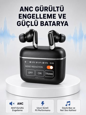 Hediye Anc Teknolojili Kablosuz Bluetooth Kulaklık – Dokunmatik, Dijital Göstergeli, Yüksek Ses Kalitesi