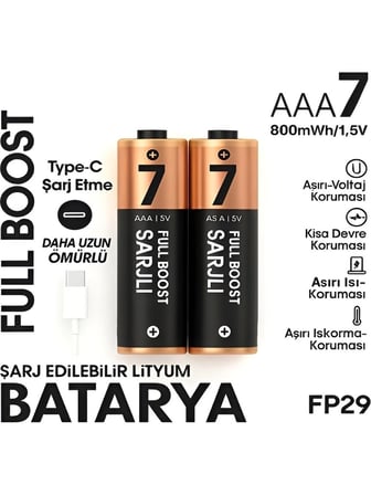 Hediye Type-c Şarjlı 800mwh 1.5v Şarj Edilebilir 2’li Aaa İnce Pil - Lityum Iyon Batarya