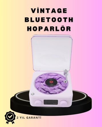 Hediye Bluetooth Retro Pikap Hoparlör – Projektörlü Gece Lambası