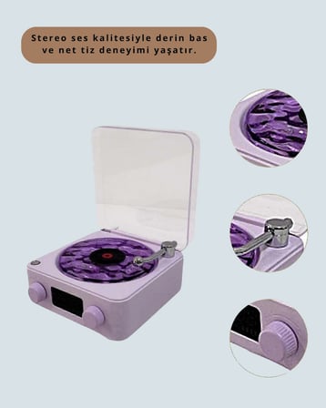 Hediye Bluetooth Retro Pikap Hoparlör – Projektörlü Gece Lambası