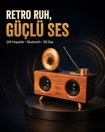 Hediye Gramafon Tasarımlı Bluetooth Hoparlör 3d Ses Teknolojili Çok Fonksiyonlu