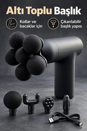 Hediye Masaj Tabancası 5 Değiştirilebilir Başlıklı Şarjlı Siyah Masaj Aleti