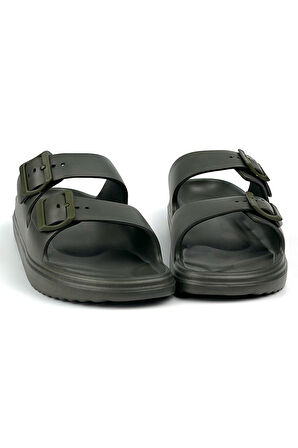 Unisex Haki Çift Tokalı Kaymaz Taban Ayarlanabilir Hafif Günlük Plaj Terlik