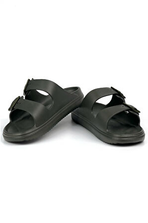 Unisex Haki Çift Tokalı Kaymaz Taban Ayarlanabilir Hafif Günlük Plaj Terlik