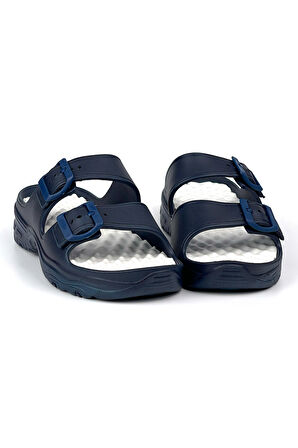 Unisex Lacivert Beyaz Çift Tokalı Kaymaz Taban Ayarlanabilir Hafif Günlük Plaj Terlik