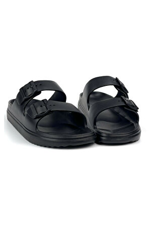 Unisex Siyah Çift Tokalı Kaymaz Taban Ayarlanabilir Hafif Günlük Plaj Terlik