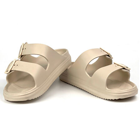 Unisex Bej Çift Tokalı Kaymaz Taban Ayarlanabilir Hafif Günlük Plaj Terlik