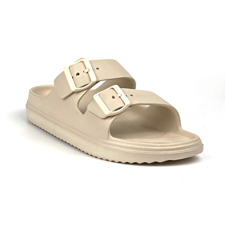 Unisex Bej Çift Tokalı Kaymaz Taban Ayarlanabilir Hafif Günlük Plaj Terlik