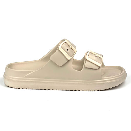 Unisex Bej Çift Tokalı Kaymaz Taban Ayarlanabilir Hafif Günlük Plaj Terlik