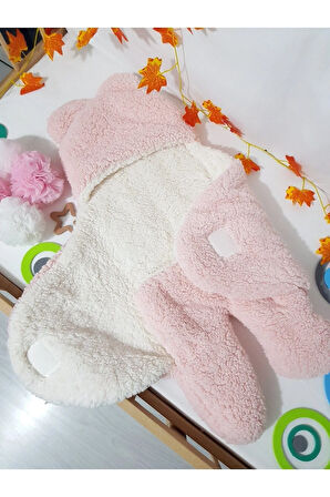 Bebek Dış Kundak Uyku Tulumu Açık Pembe - Pelüş Kapüşonlu Çift Katman Ayaklı Model