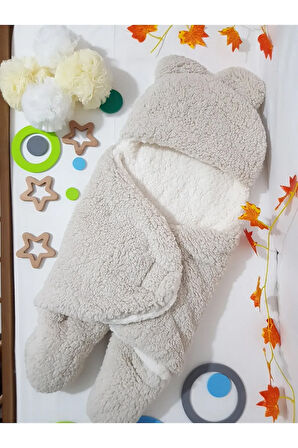 Bebek Dış Kundak Uyku Tulumu Bej - Pelüş Kapüşonlu Çift Katman Ayaklı Model