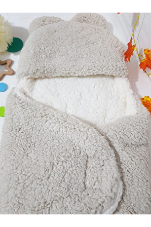 Bebek Dış Kundak Uyku Tulumu Bej - Pelüş Kapüşonlu Çift Katman Ayaklı Model