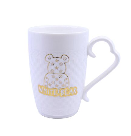 Porselen Kapaklı Ayıcık Desenli Porselen Kupa Bardak Beyaz