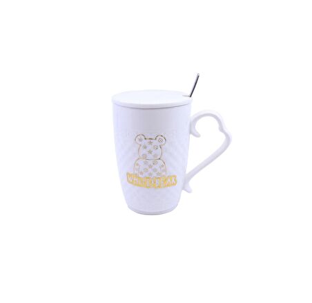 Porselen Kapaklı Ayıcık Desenli Porselen Kupa Bardak Beyaz