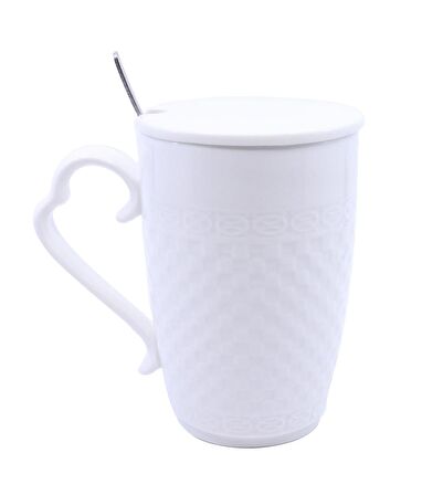 Porselen Kapaklı Ayıcık Desenli Porselen Kupa Bardak Beyaz