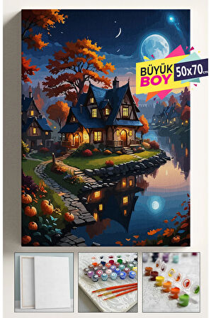 Sayılarla Boyama Seti Numaralı Tuval Fırça Boya Dahil Kasnaklı Set 50x70 Cm - AY IŞIĞI GÖL