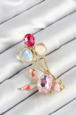 Zirkon Taşlı  Balonlu Pembe Tavşan Figürlü Gold Renk Kadın Broş