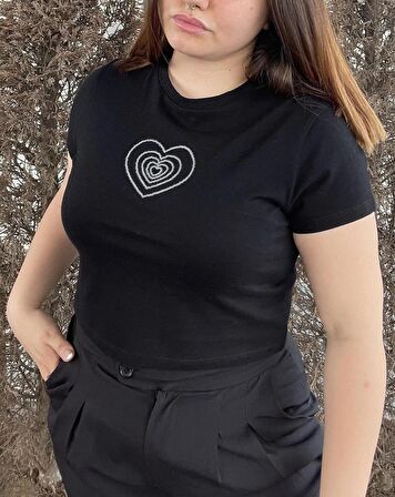 Siyah Taş Efektli Payet Nakışlı Basic Crop Bisiklet yaka Pamuklu Esnek Örme T-shirt