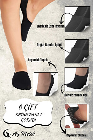 Kadın Çorap (6 Çift) Silikon Topuk Kaymayan Burun Dikişsiz Kaliteli Babet Çorap