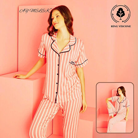 Kadın Pijama Takımı Ring Viscone Bambu Doku Gömlek ve Pijama Seti