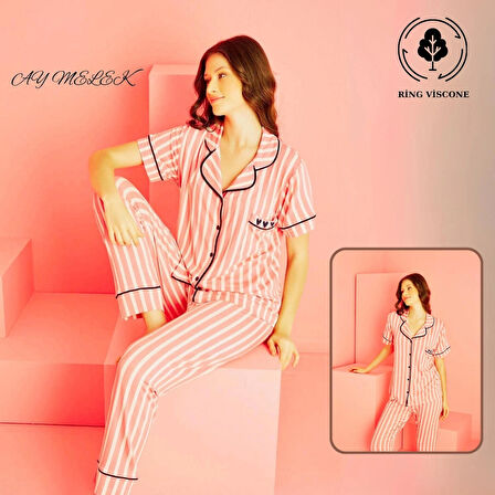Kadın Pijama Takımı Ring Viscone Bambu Doku Gömlek ve Pijama Seti