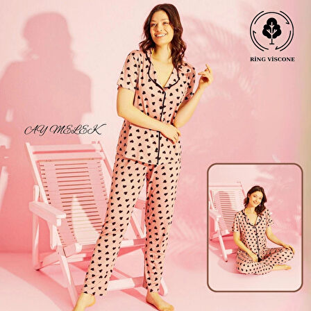 Kadın Pijama Takımı Ring Viscone Bambu Doku Gömlek ve Pijama Seti