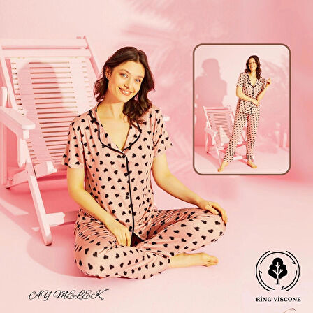 Kadın Pijama Takımı Ring Viscone Bambu Doku Gömlek ve Pijama Seti