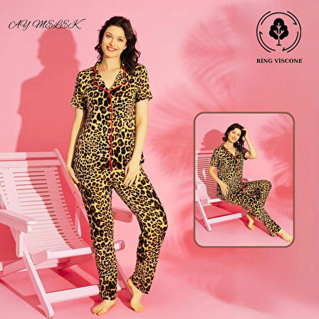  Kadın Pijama Takımı Ring Viscone Bambu Doku Gömlek ve Pijama Seti