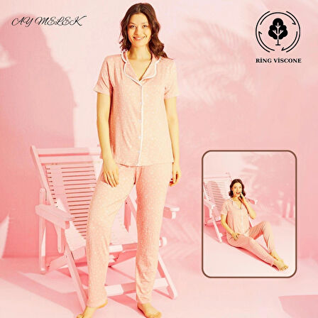  Kadın Pijama Takımı Ring Viscone Bambu Doku Gömlek ve Pijama Seti