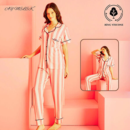  Kadın Pijama Takımı Ring Viscone Bambu Doku Gömlek ve Pijama Seti