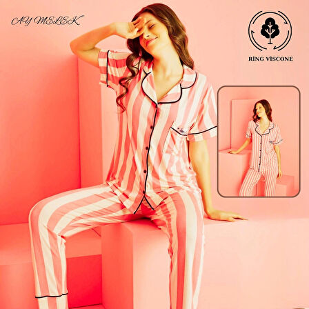  Kadın Pijama Takımı Ring Viscone Bambu Doku Gömlek ve Pijama Seti