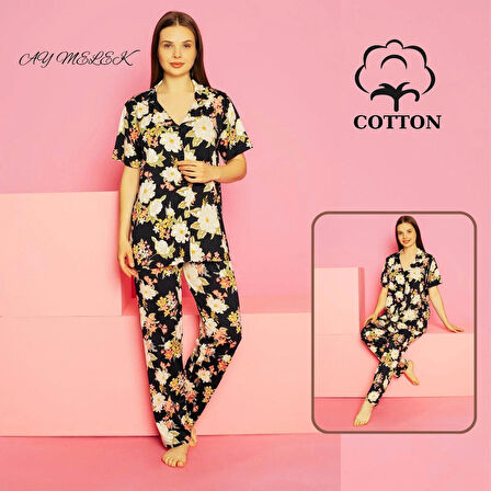 Kadın Pijama Takımı %100 Pamuklu Gömlek ve Pijama Seti