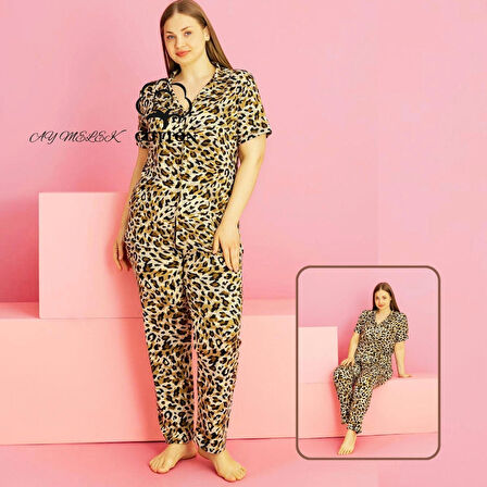 Kadın Pijama Takımı Pamuklu Geniş Beden Gömlek ve Pijama Seti (Battal Boy)